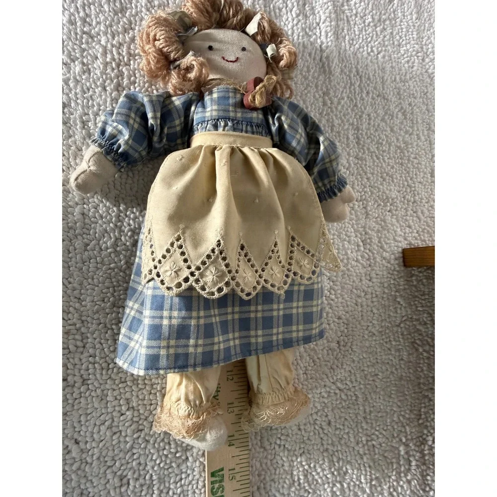 Vintage Rag Doll Set with Wooden Heart Bench Blue Plaid Farmhouse Decor 3pc